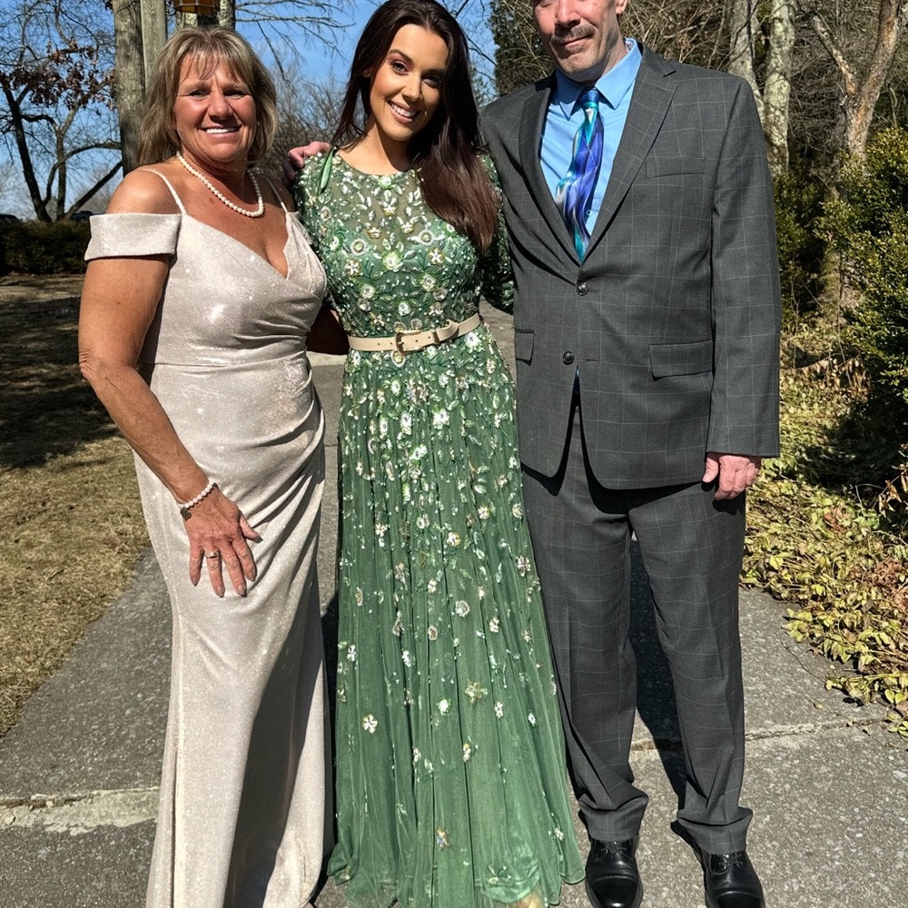 MAC DUGGAL Sage Green Floral Sequin Applique Long Sleeve Gown